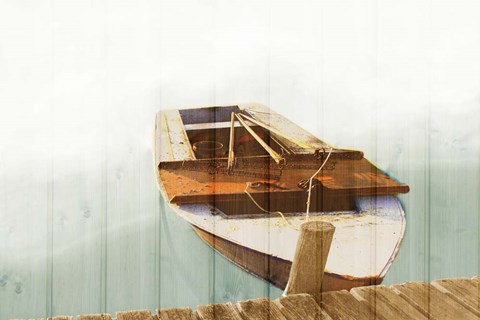 Framed Boat with Textured Wood Look II Print