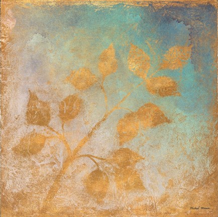 Framed Gold Leaves on Blues I Print