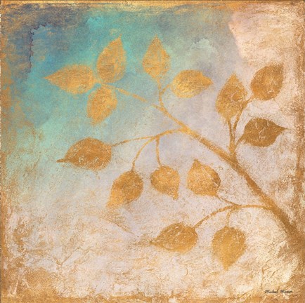 Framed Gold Leaves on Blues II Print