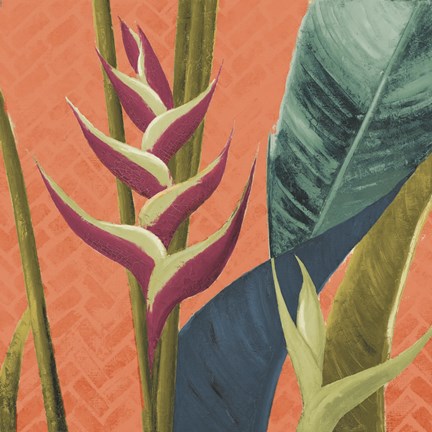 Framed Heliconias with Leaves on Orange Print