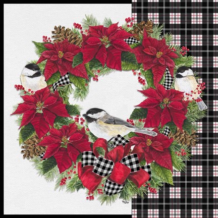 Framed Chickadee Christmas Red V Wreath Print