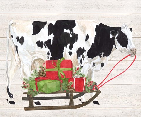 Framed Christmas on the Farm I Cow with Sled Print