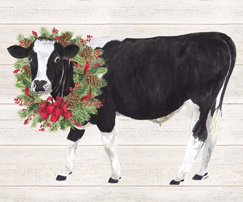 Framed Christmas on the Farm III Cow with Wreath Print