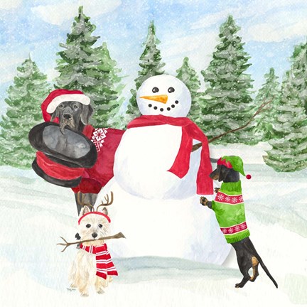 Framed Dog Days of Christmas I Building Snowman Print