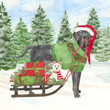 Framed Dog Days of Christmas II Sled with Gifts Print