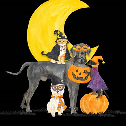 Framed Fright Night Friends II Dog with Pumpkin Print