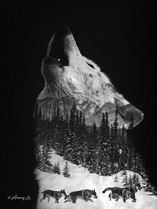 Framed Black &amp; White Wolf Pack Print