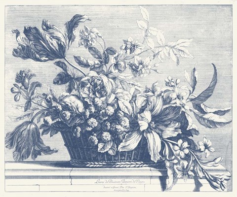 Framed Navy Basket of Flowers I Print