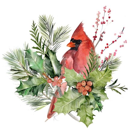 Framed Cardinal Holly Christmas I Print