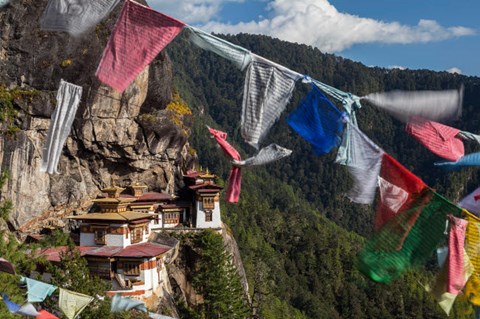 Framed Bhutan, Paro Prayer Flags Fluttering At The Cliff&#39;s Edge Across From Taktsang Monastery, Or Tiger&#39;s Nest Print