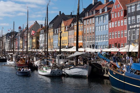 Framed Colorful Buildings, Boats And Canal, Denmark, Copenhagen Print