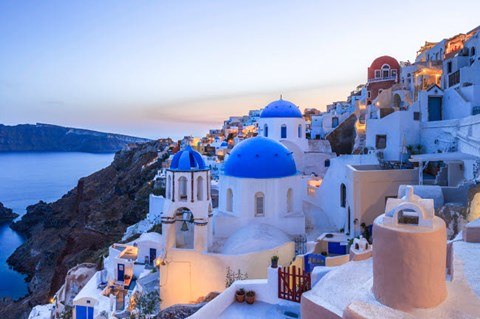Framed Greece, Santorini, Oia Sunset On Coastal Town Print