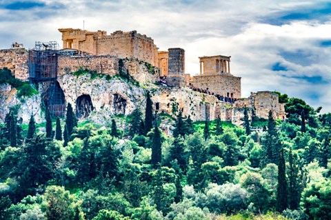 Framed Acropolis, Green Trees, Hill From Agora Temple Of Athena Nike Propylaea, Athens, Greece Print