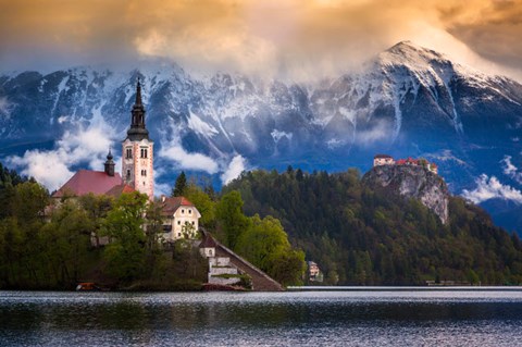 Framed Europe, Slovenia, Lake Bled Church Castle On Lake Island And Mountain Landscape Print