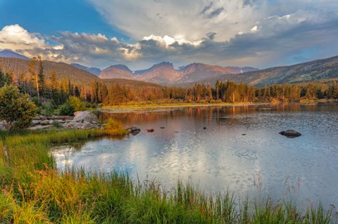 Framed Sunrise On Hallett Peak And Flattop Mountain Above Sprague Lake, Rocky Mountain National Park, Colorado Print