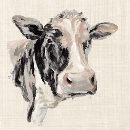 Framed Expressionistic Cow I Neutral Linen Print