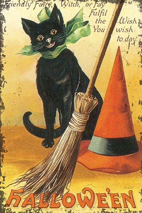 Framed Halloween Nostalgia Cat with Broom Print
