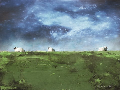 Framed Distant Hillside Sheep by Night Print