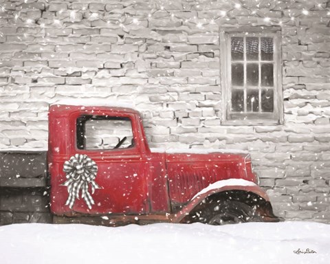 Framed Christmas Truck with Plaid Bow Print