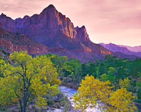 Framed Utah, Zion National Park The Watchman Formation And The Virgin River In Autumn Print