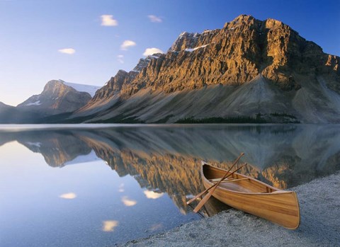 Framed Canoe At The Lakeside, Bow Lake, Alberta, Canada Print