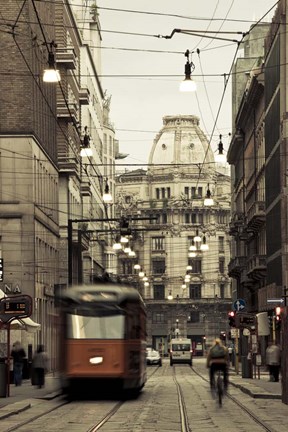 Framed Tram On A Street, Piazza Del Duomo, Milan, Italy Print