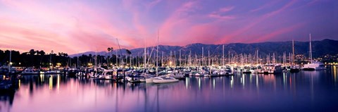 Framed Boats Moored In Harbor At Sunset, Santa Barbara Harbor, California Print