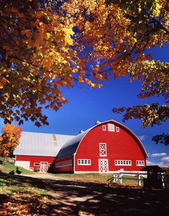 Framed Big Red Barn Autumn Farm Scenic Print