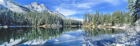 Framed Snow Covered Mountain And Trees Reflected In Lake, Grand Tetons, Wyoming Print