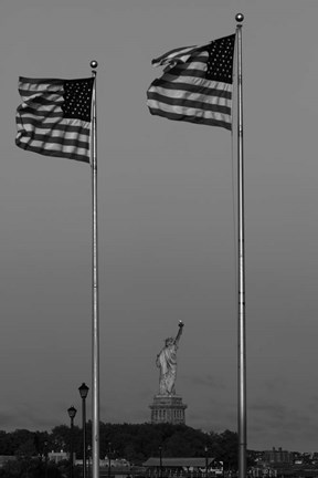 Framed Flags Fly Over Statue Of Liberty, Jersey City, New Jersey Print