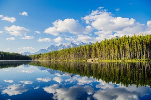 Framed Scenic Landscape Reflecting In Lake At Banff National Park, Alberta, Canada Print