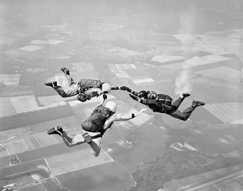 Framed Three Men Holding Hands Sky Diving Print