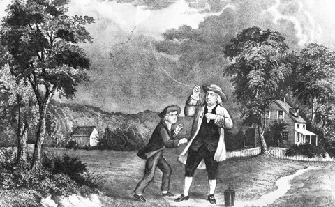 Framed June 1752 Benjamin Franklin Out Flying His Kite In Thunderstorm As An Experiment In Electricity And Lightning Print