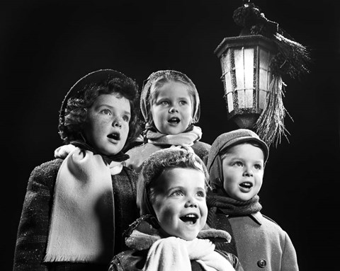 Framed Children Singing Christmas Carols Outdoor By Lantern Light Print