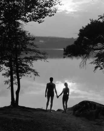 Framed Man And Woman In Bathing Suits Holding Hands Watching Sunset Lakeside Print