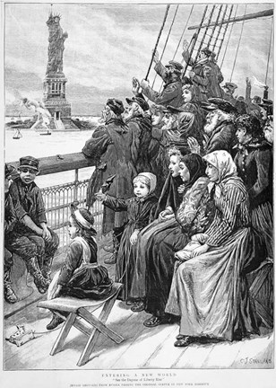 Framed Group Of Arriving Immigrants Huddled On Ship Deck Waving At Statue Of Liberty Print