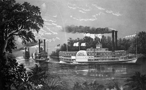 Framed Steamboats Rounding A Bend On Mississippi River Parting Salute Currier &amp; Ives Lithograph 1866 Print