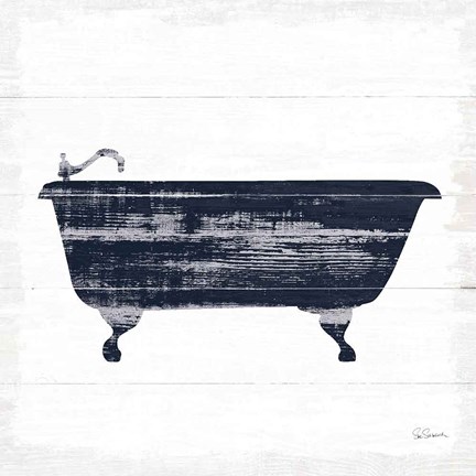 Framed Shiplap Bath I Navy Print