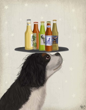 Framed King Charles Spaniel Black White Beer Lover Print