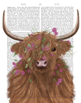 Framed Highland Cow 1, Pink Flowers Book Print Print