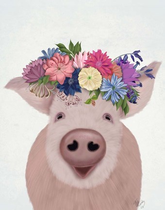 Framed Pig and Flower Crown Print