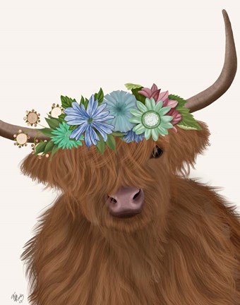 Framed Highland Cow with Flower Crown 2, Portrait Print