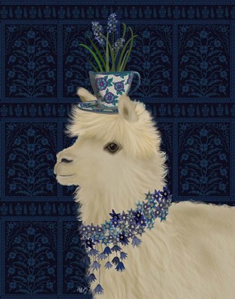 Framed Llama Teacup and Blue Flowers Print