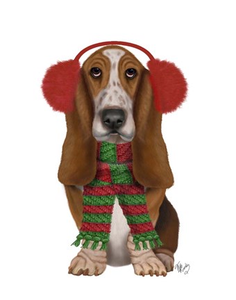 Framed Christmas Des - Basset Hound and Ear Muffs Print