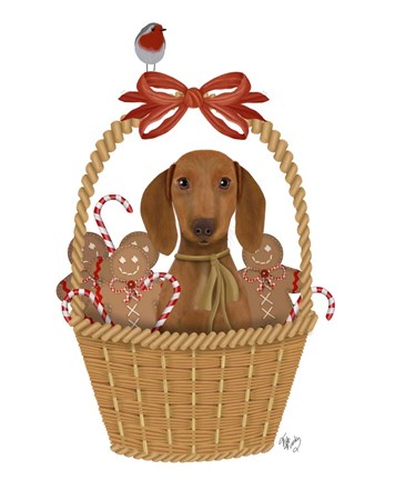 Framed Christmas Des - Dog in Basket with Gingerbread Men Print