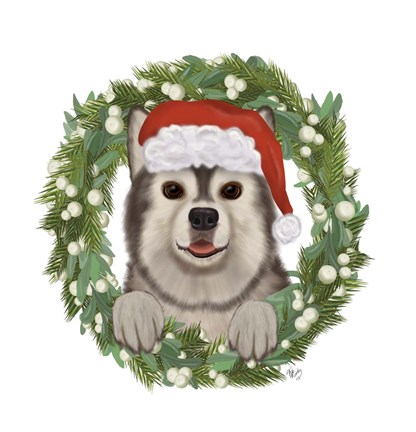Framed Christmas Des - Husky Wreath Print