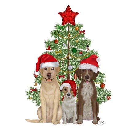 Framed Christmas Des - Dog Trio Christmas Tree Print