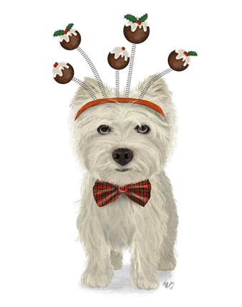 Framed Christmas Des - Westie and Christmas Puds Print