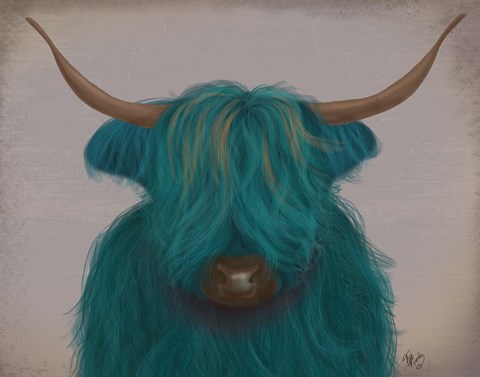Framed Highland Cow 3, Turquoise, Portrait Print