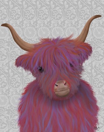 Framed Highland Cow 7, Pink And Purple, Portrait Print